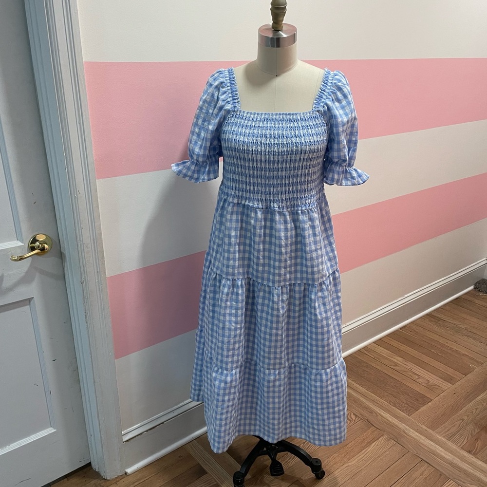Gingham blue elastic top puff sleeve cottage dress